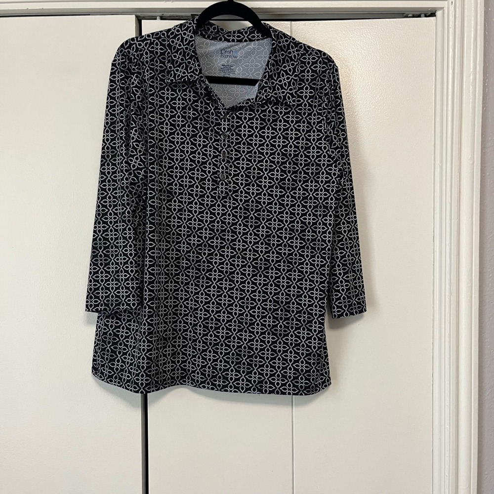 Croft & Barrow Tunic‎ Top Geometric Print 3/4 Sleeve Blouse Black White L
